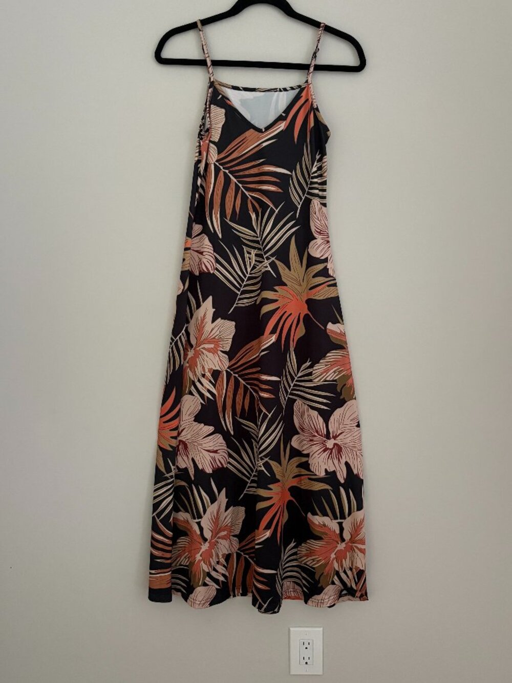 SHEIN Black Tropical Palm Leaf Print Cami Slip Dress Flowy Maxi Resortwear XS